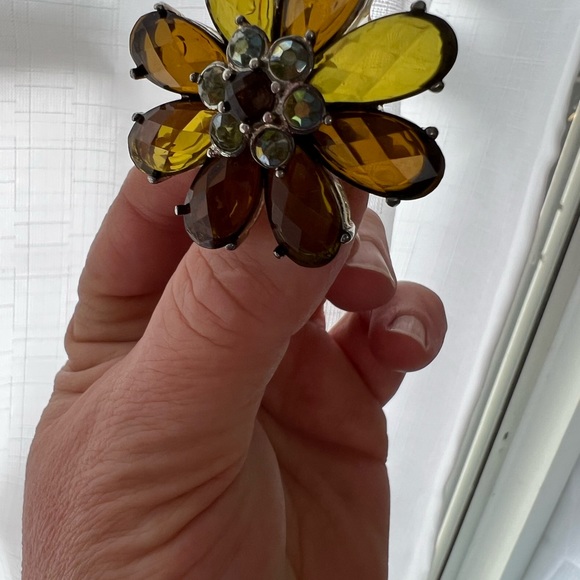 LARGE Vintage Faceted Prong-Set Smoky Topaz And Green Rhinestone Floral Brooch - Picture 6 of 9